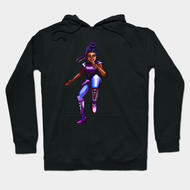 Black anime superhero girl from outer space doing a high knee kick ! beautiful  black girl with Afro hair, brown eyes, Cherry pink lips and dark brown skin. Hair love ! Hoodie by Artonmytee